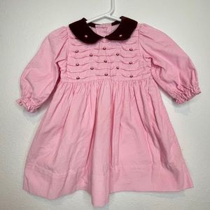 Pink cordurory brown Peter Pan color smocked hand embroidery flower dress 12 mo